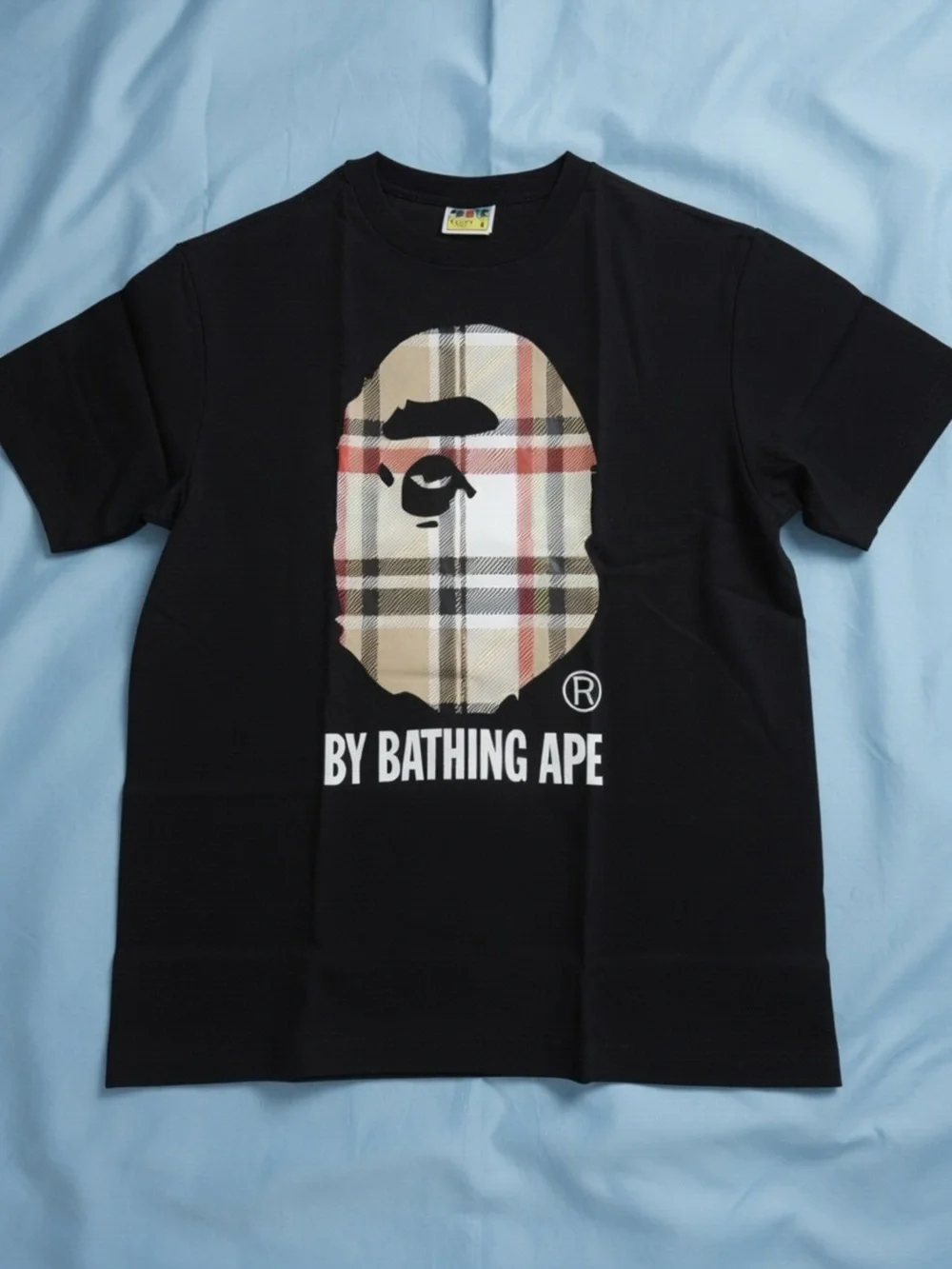 Bape Black T-Shirt with Beige Plaid Ape Head